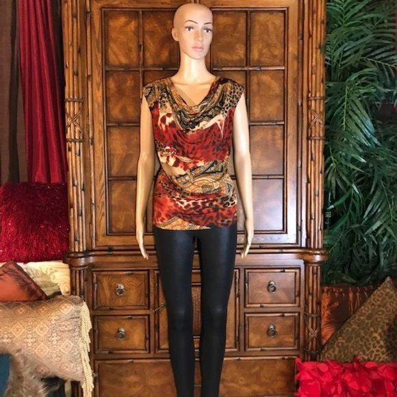 Grecian Multi Print Drape Front Sleeveless Top - Picture 3 of 12